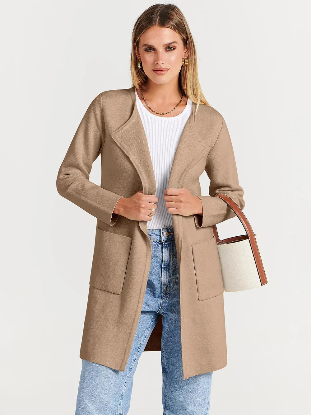 Women’s Knee-Length Coat - Wool Blend - Relaxed Fit - Wide Lapel Minimalist Design