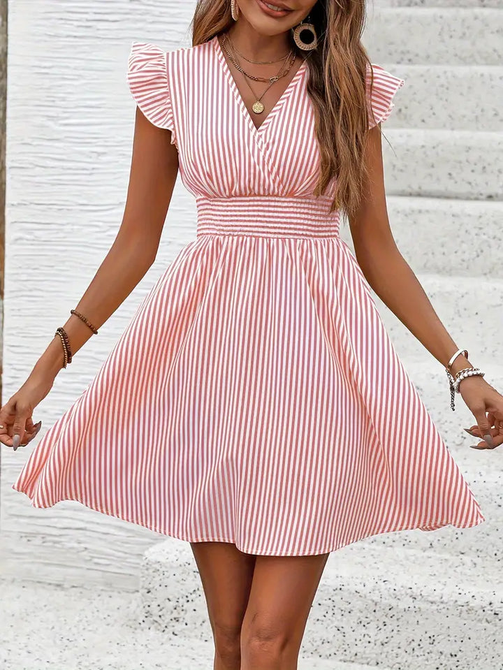 Women's A-Line Dress - Striped Pattern - V-Neck - Ruffled Cap Sleeves - Fitted Waist