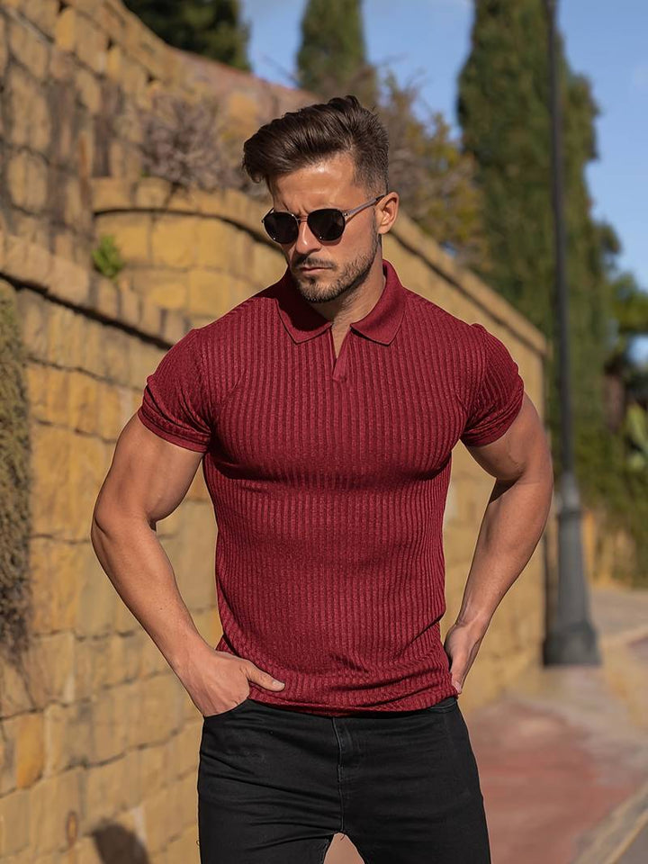 Men’s Polo Shirt - Soft Knit Ribbed Texture - Muscle Fit - Short Sleeve Casual Wear