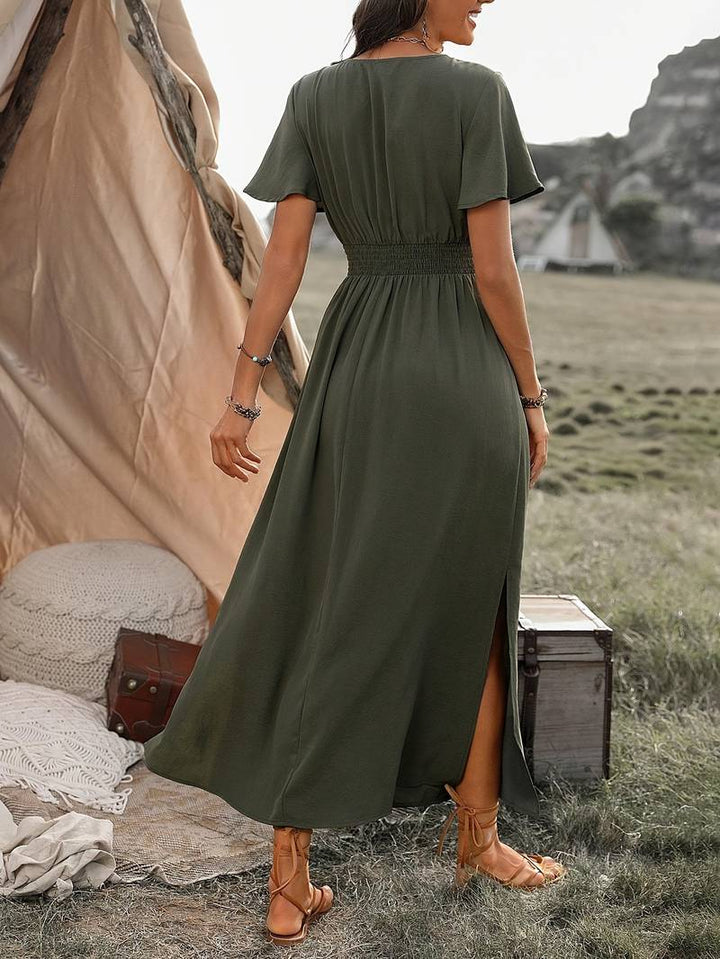 Women’s Midi Dress – V-Neck Wrap – Relaxed A-Line Fit – Short Sleeve – Breathable Blend