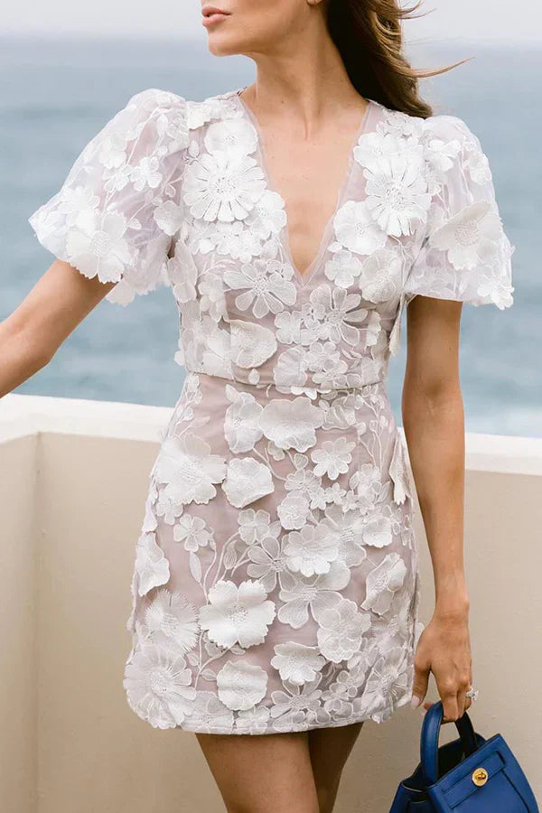 Women’s Mini Dress – Sheer Embroidered Fabric – Deep V-Neck – Puff Sleeves – Fitted Waist