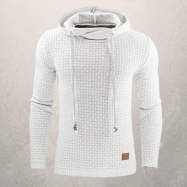 Men’s Knitted Sweater - Slim Fit - Textured Grid Pattern - Hooded with Drawstrings