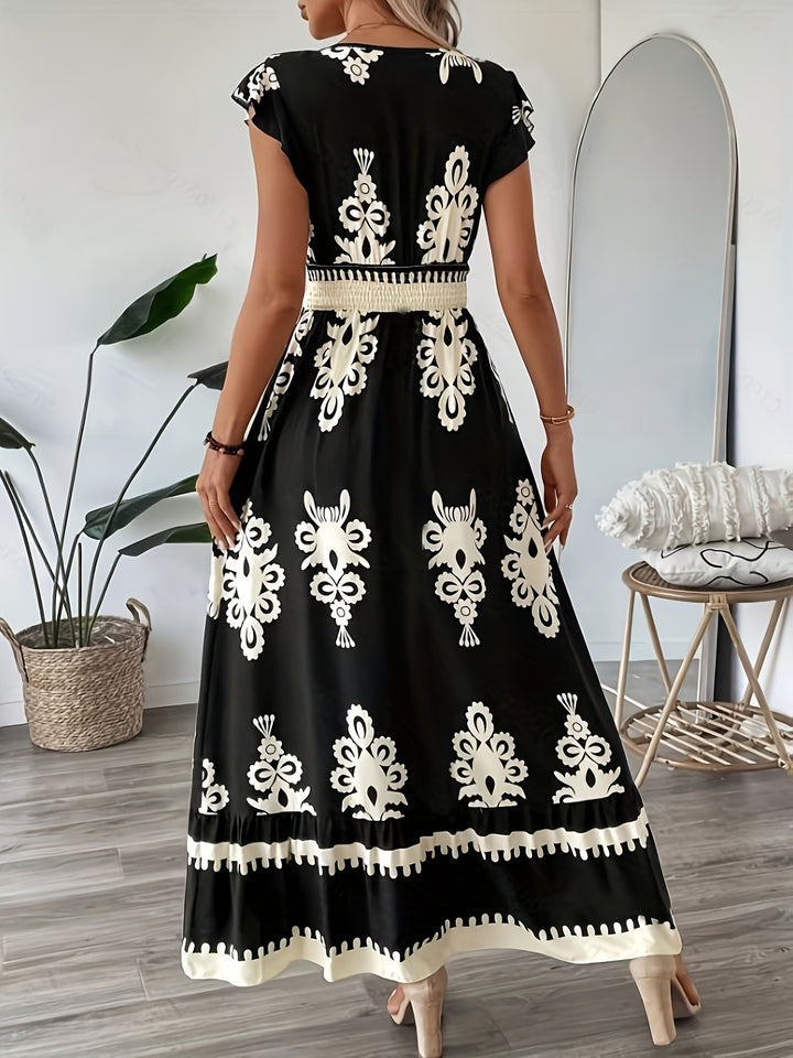 Women's Maxi Dress - V-Neck - Cap Sleeve - Smocked Waist - Flowing Elegant Fit