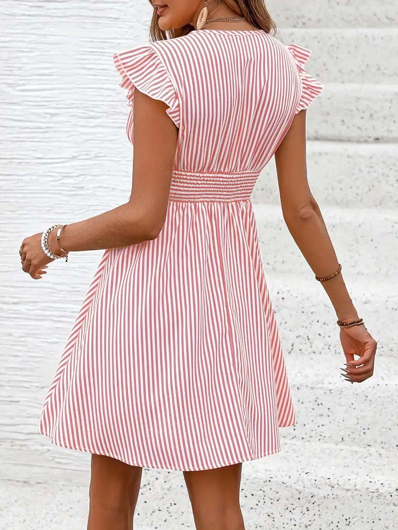 Women's A-Line Dress - Striped Pattern - V-Neck - Ruffled Cap Sleeves - Fitted Waist