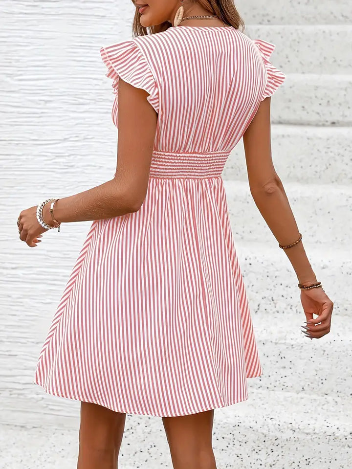 Women's A-Line Dress - Striped Pattern - V-Neck - Ruffled Cap Sleeves - Fitted Waist