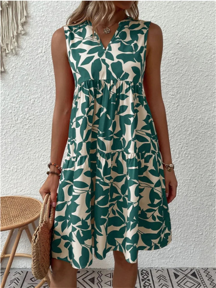 Women’s Sleeveless Dress – V-Neck – Relaxed Fit – Tiered Flare – Breathable Blend
