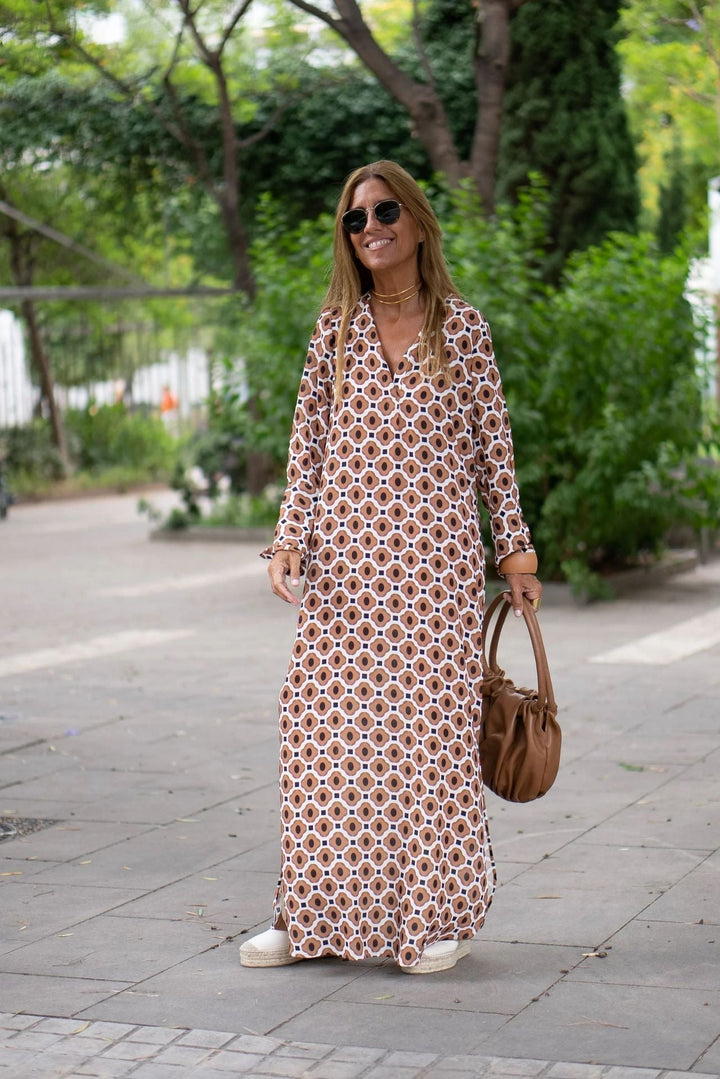 Women's Maxi Dress - Long Sleeve - Geometric Pattern - Loose Fit - V-Neck Flowy Design
