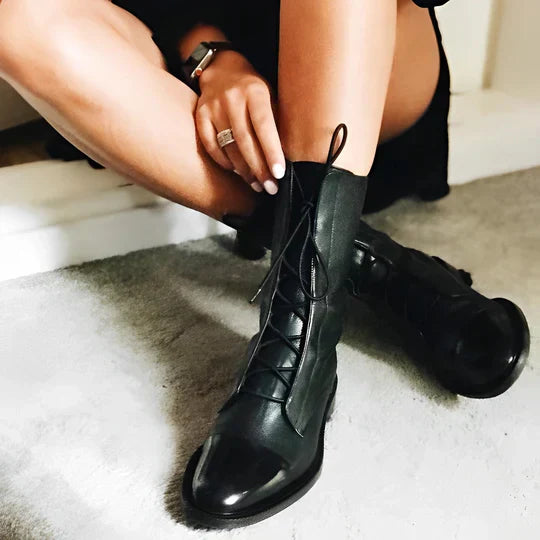 Women’s Mid-Calf Boots – Lace-Up Front – Streamlined Silhouette