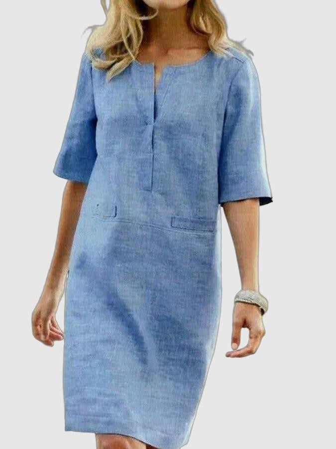 Women's Shift Dress - Linen Blend - Short Sleeve - Relaxed Fit - Knee Length - Pockets