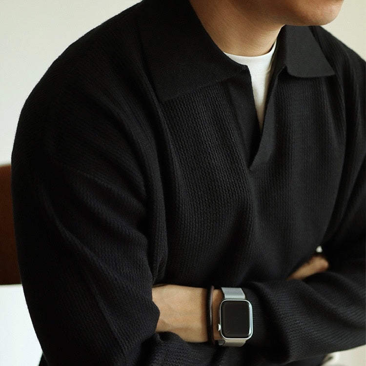 Men’s Knit Pullover Top – Relaxed Fit – Waffle Texture – Buttonless V-Collar – Long Sleeve