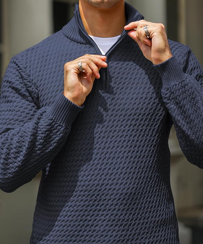 Men’s Half-Zip Sweater – Textured Knit – Tailored Fit – Ribbed Collar & Cuffs