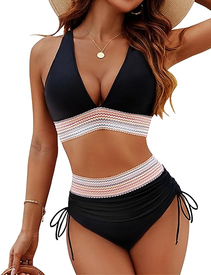Women’s Bikini Set – High-Waisted Bottom – Tummy Control – Adjustable Triangle Top