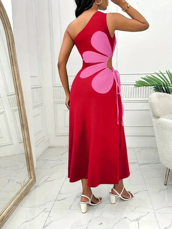Women's Maxi Dress - One-Shoulder - Floral Applique - Flowing Relaxed Fit