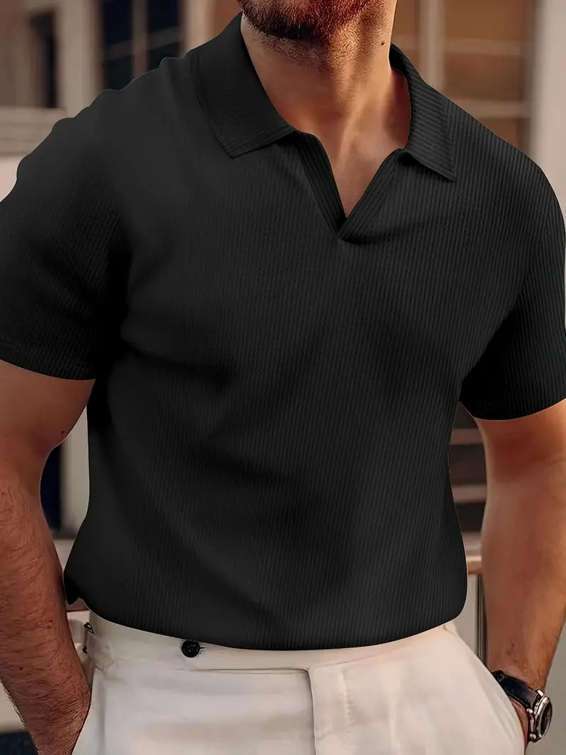 Men’s Polo Shirt - Slim Fit - Soft Knit Ribbed Texture - Short Sleeve Casual Wear