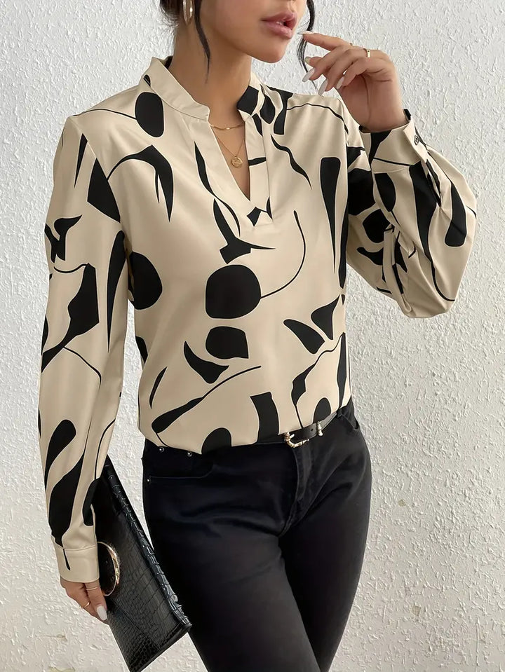 Women's Blouse - V-Neck - Long Sleeve - Relaxed Fit - Abstract Pattern