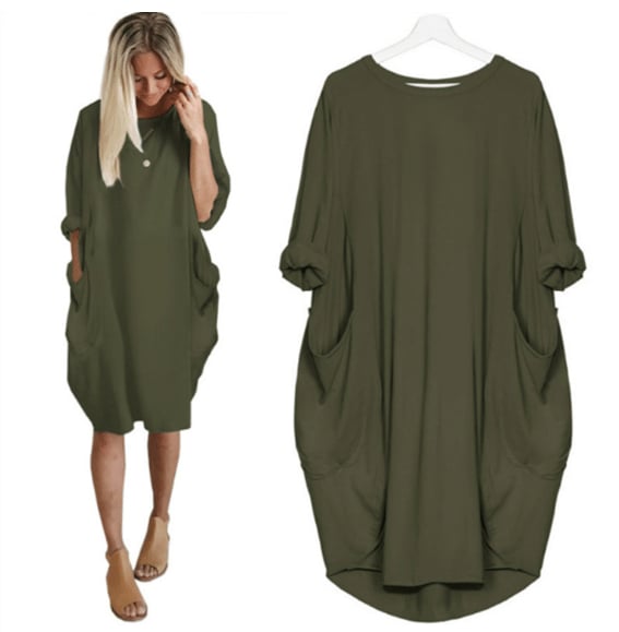 Women’s Midi Dress – Relaxed Fit – Round Neck – Breathable Blend – Side Pockets