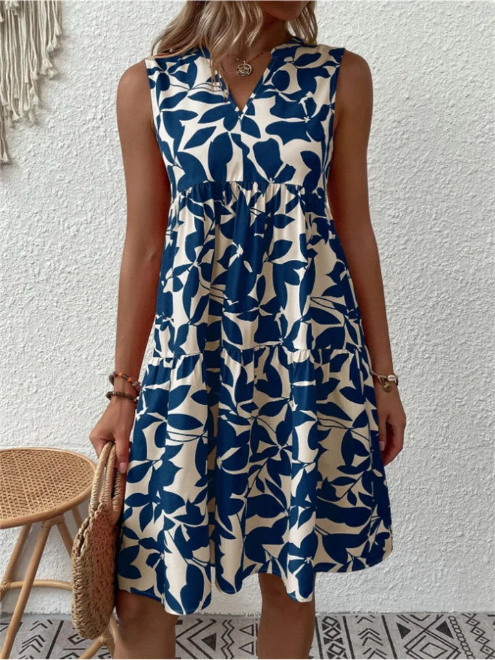 Women’s Sleeveless Dress – V-Neck – Relaxed Fit – Tiered Flare – Breathable Blend