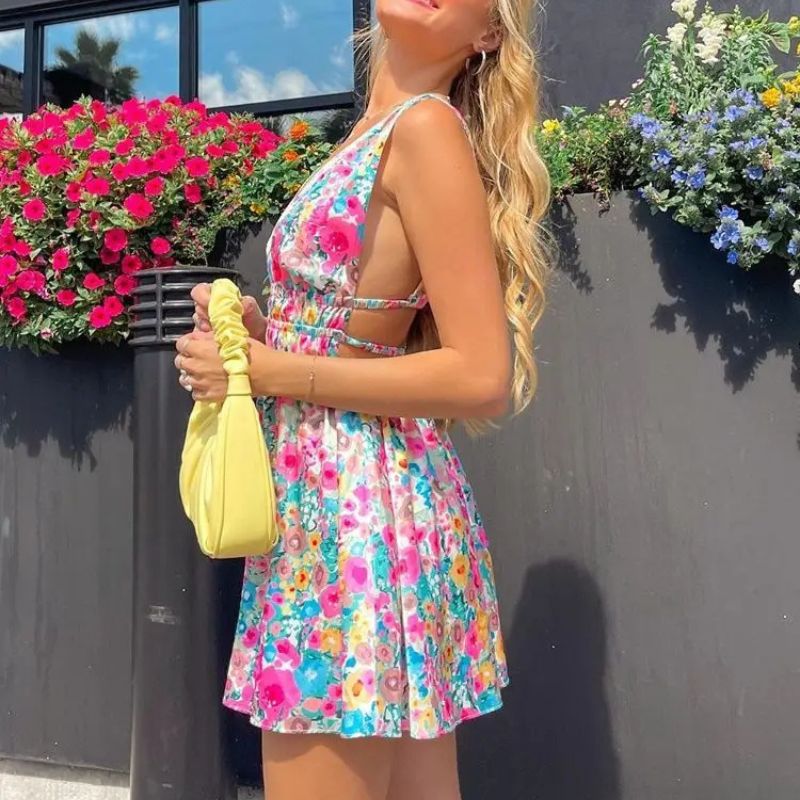 Women's Skater Dress - Sleeveless V-Neck - Floral Print - Flared Casual Fit