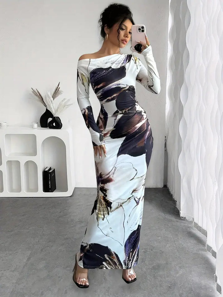 Women's Maxi Dress - Off-Shoulder - Long Sleeve - Abstract Pattern - Bodycon Fit