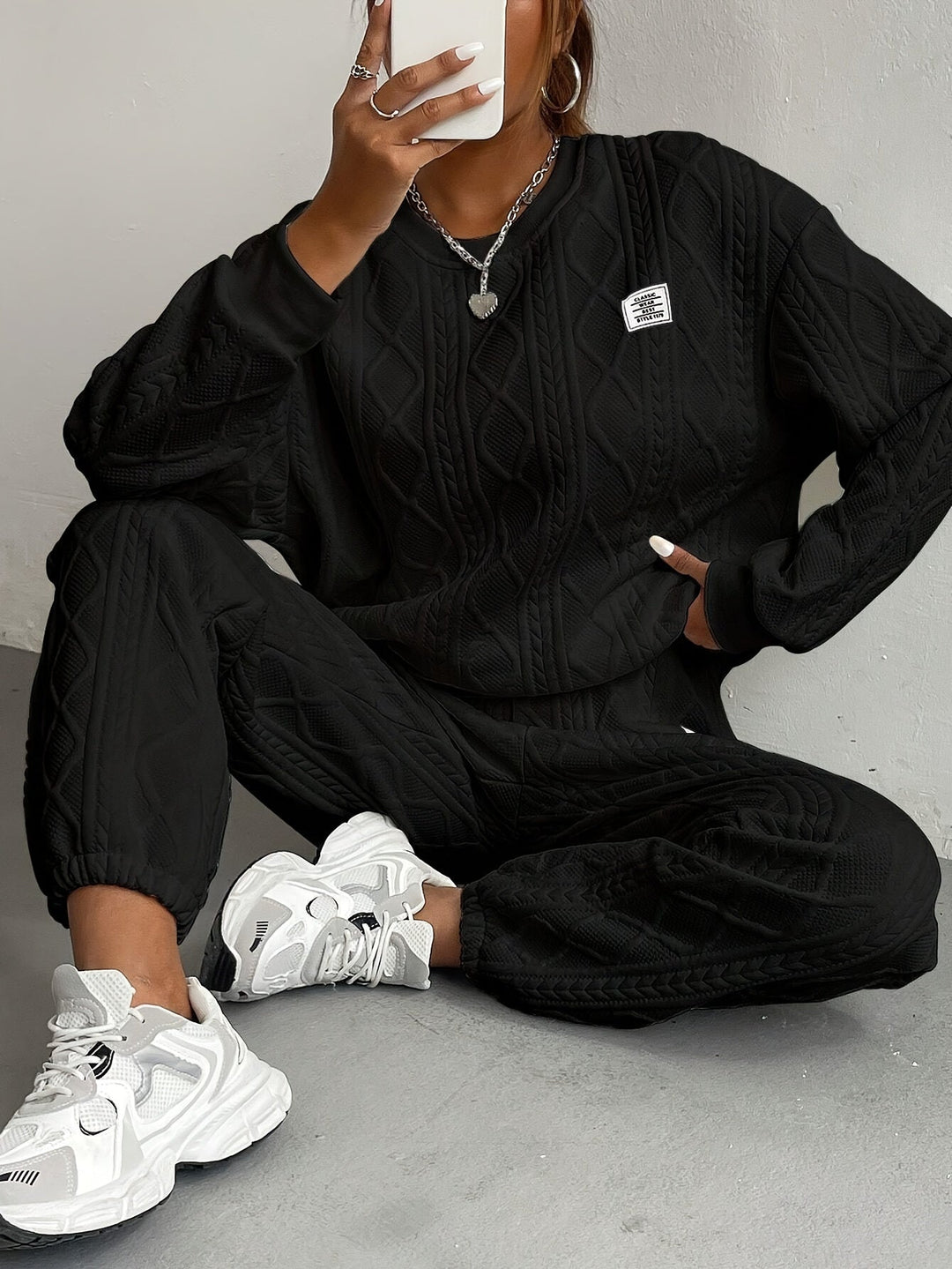 Women’s Lounge Set – Cable Knit – Relaxed Fit – Ribbed Neckline & Cuffs – Full Length