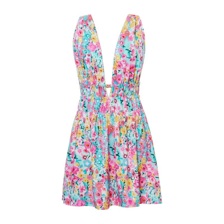 Women's Skater Dress - Sleeveless V-Neck - Floral Print - Flared Casual Fit