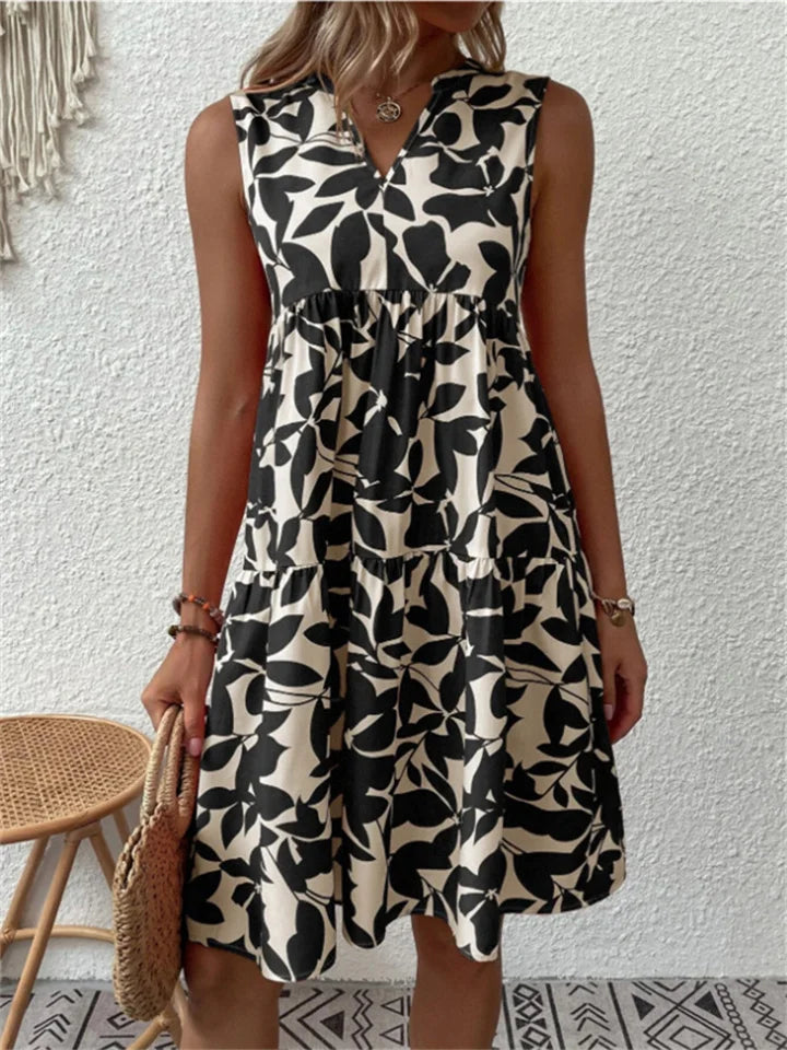 Women’s Sleeveless Dress – V-Neck – Relaxed Fit – Tiered Flare – Breathable Blend