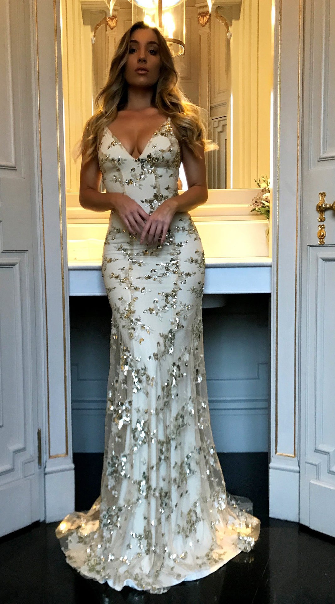 Women's Evening Gown - Sequin Embellished - Mermaid Silhouette - Deep V-Neck - Spaghetti Straps