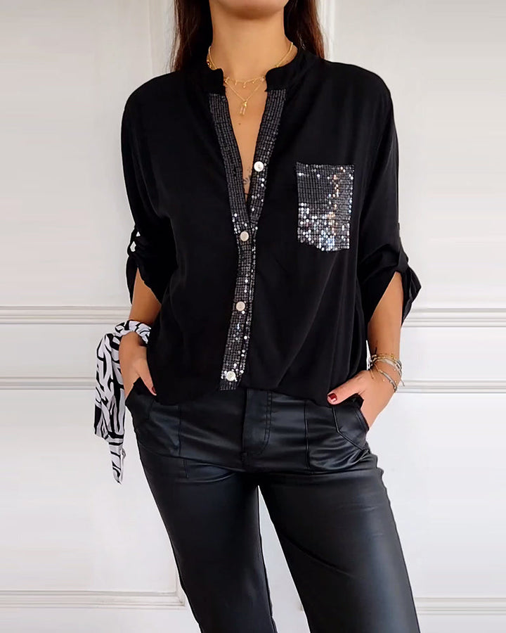 Women’s Blouse – Relaxed Fit – Sequin Placket and Pocket – Long Sleeve – Breathable Blend