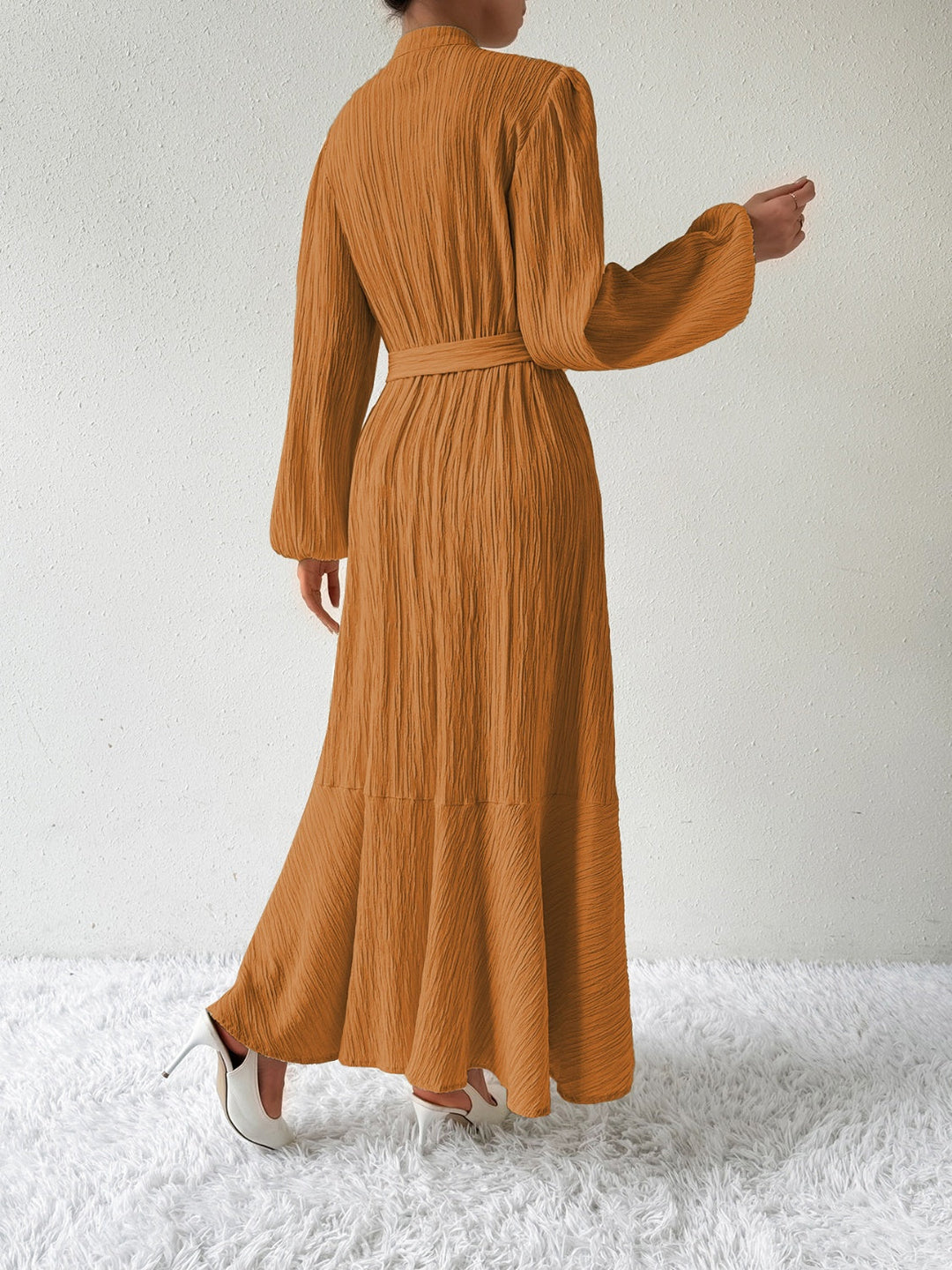 Women's Maxi Dress - Pleated Texture - Long Sleeve High Neck - Waist Tie Elegant Fit