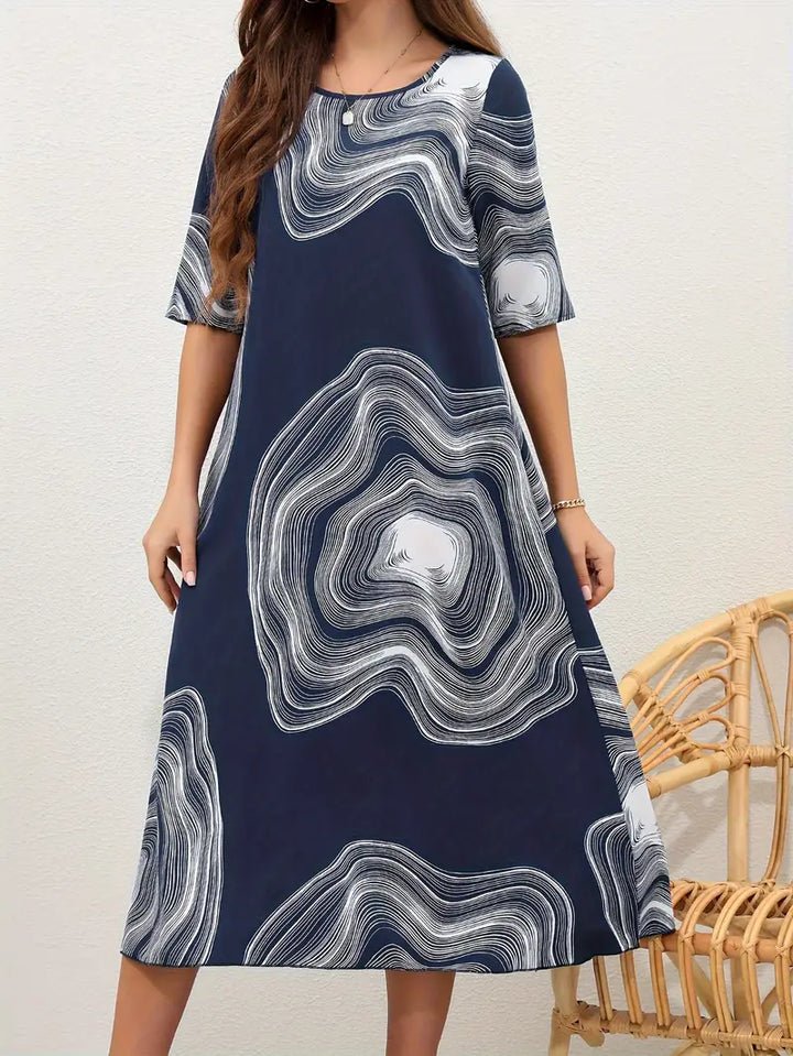 Women's Midi Dress - Abstract Pattern - A-Line Relaxed Fit - Half Sleeve Round Neck