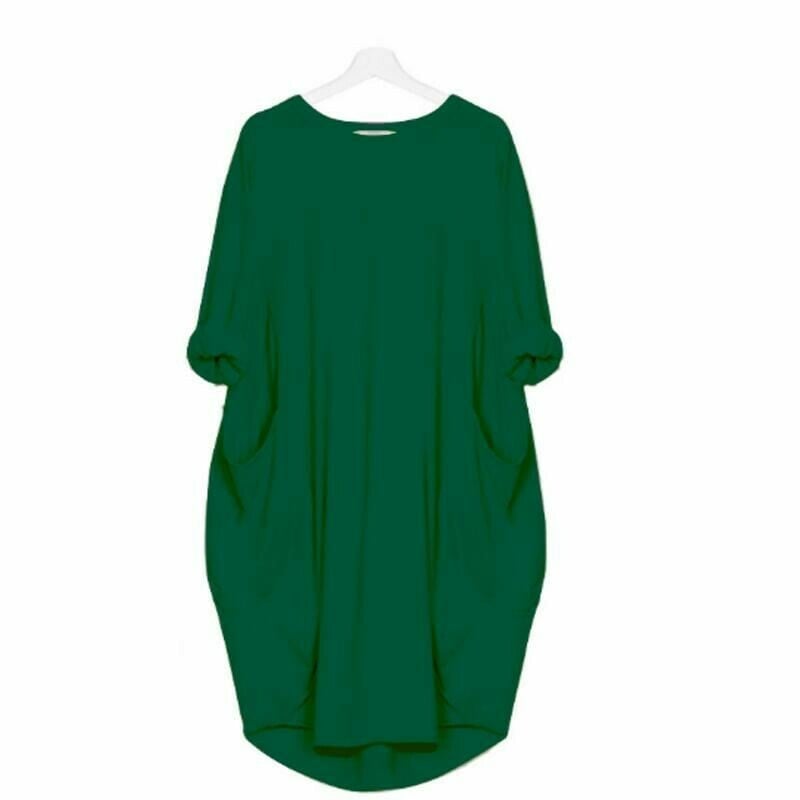 Women’s Midi Dress – Relaxed Fit – Round Neck – Breathable Blend – Side Pockets