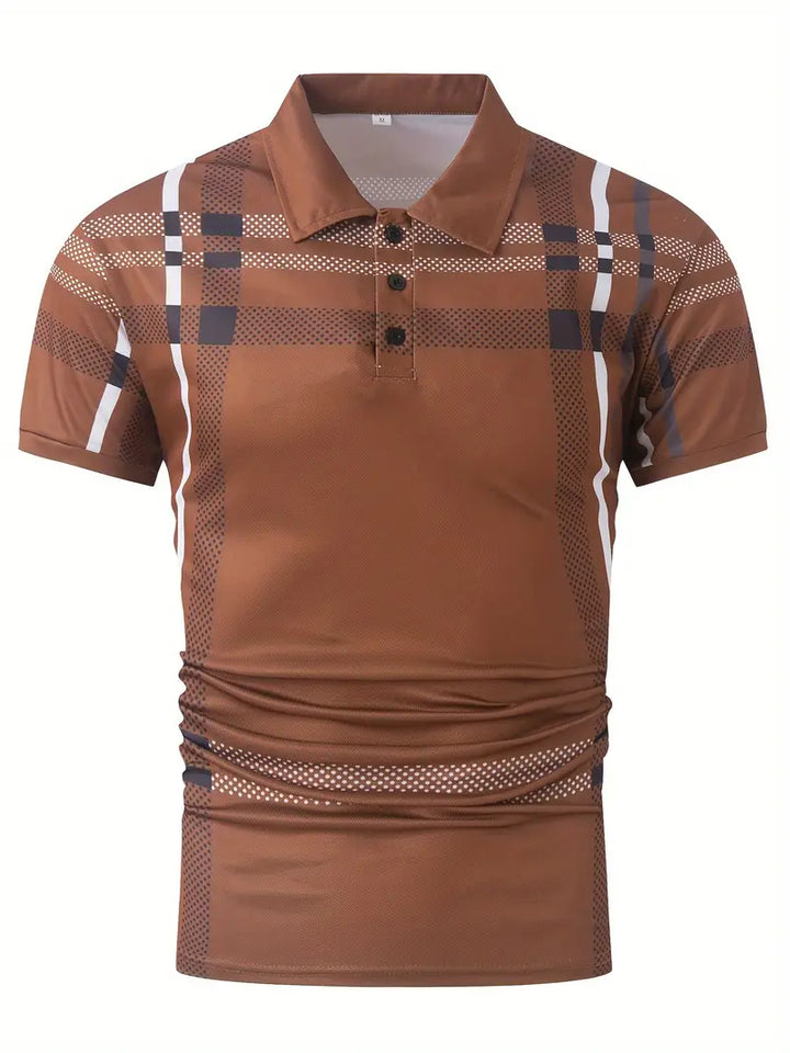 Men's Polo Shirt - Plaid Pattern - Slim Fit - Short Sleeve Button-Down Collar