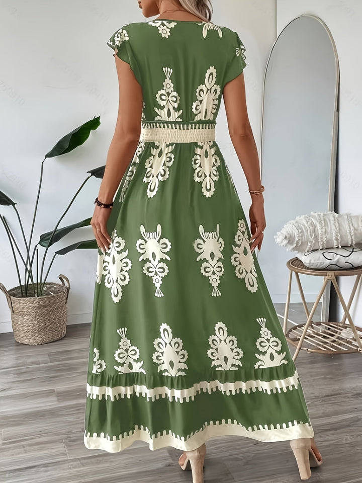Women's Maxi Dress - V-Neck - Cap Sleeve - Smocked Waist - Flowing Elegant Fit