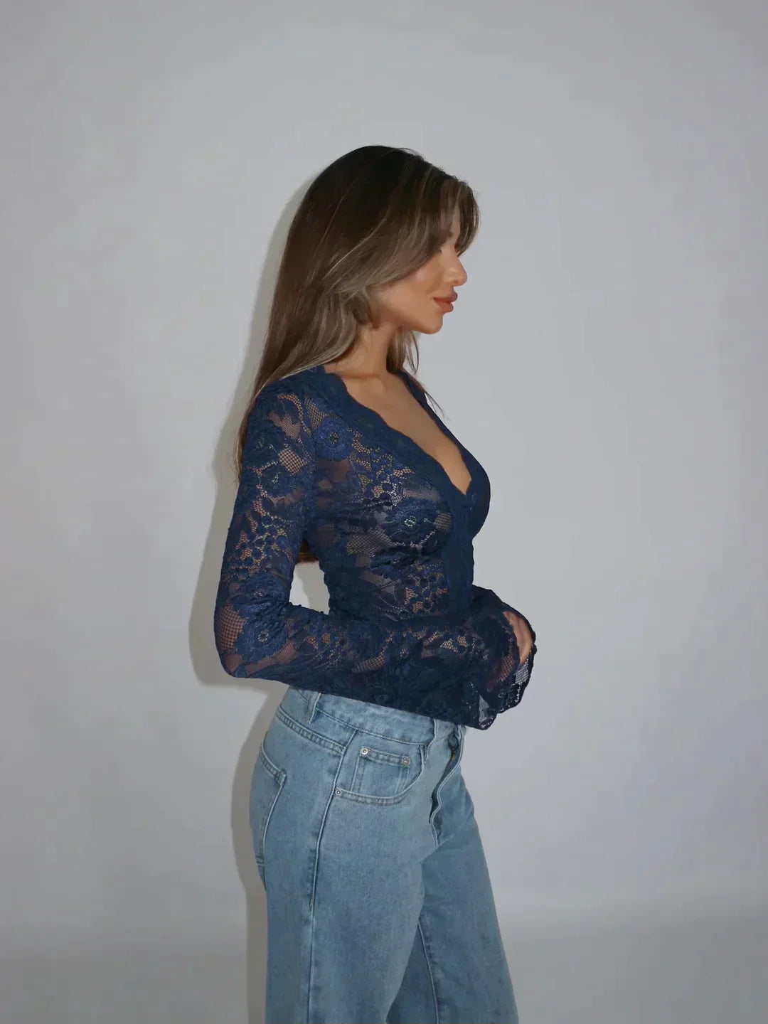 Women's Lace Top - Floral Pattern - Deep V-Neck - Long Sleeve Elegant Fit