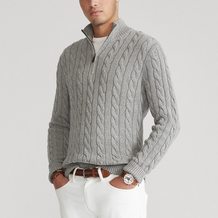 Men’s Half Zip Sweater - Cable Knit - Cotton Blend - Regular Fit - Ribbed Trim