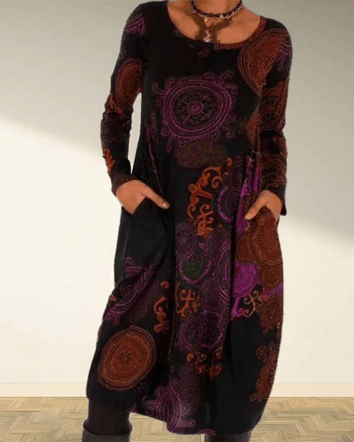 Women's Maxi Dress - Bohemian Print - Long Sleeve - A-Line Relaxed Fit - Round Neck