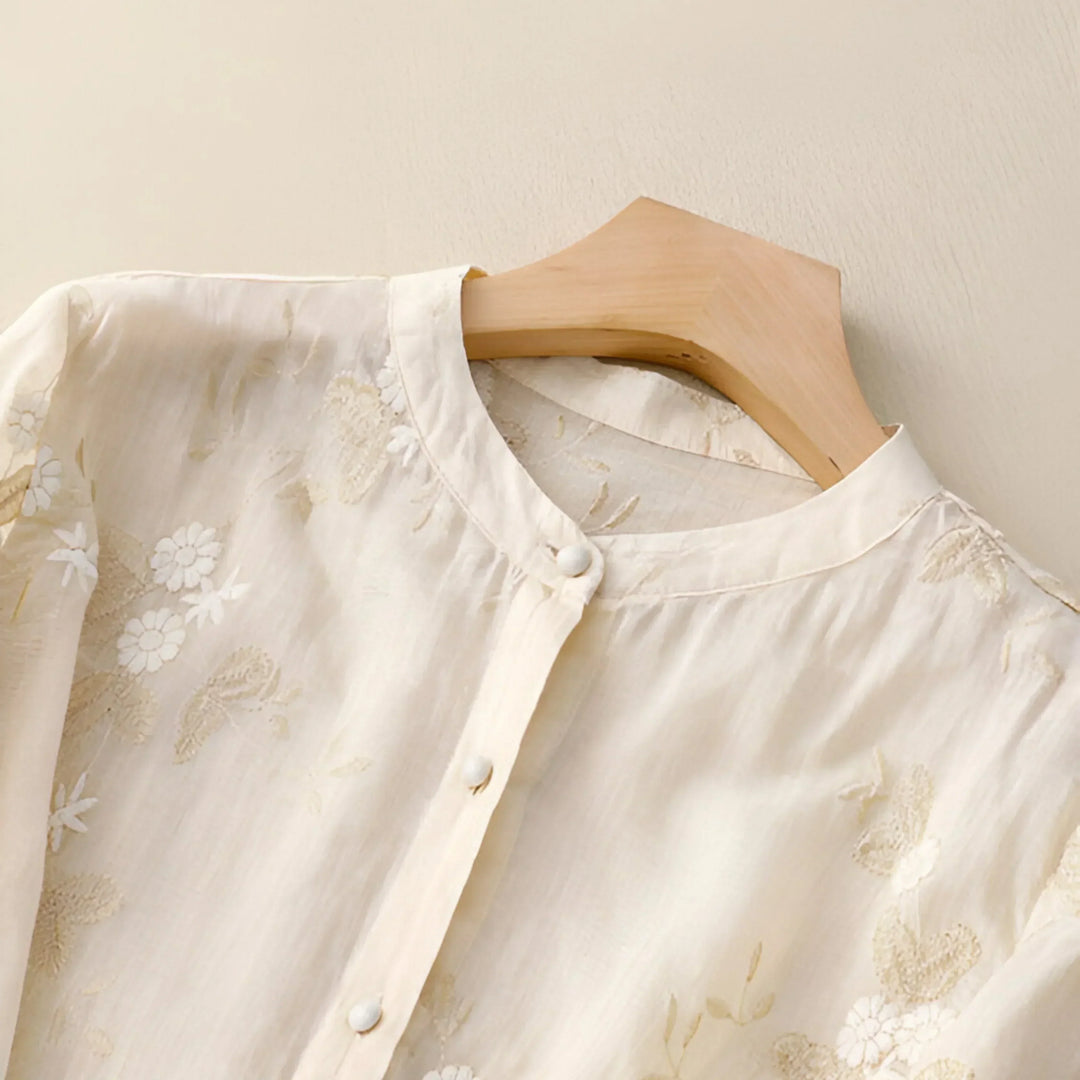 Women’s Blouse – Relaxed Fit – Embroidered Detail – Button-Down – 3/4 Sleeve – Layered Hem