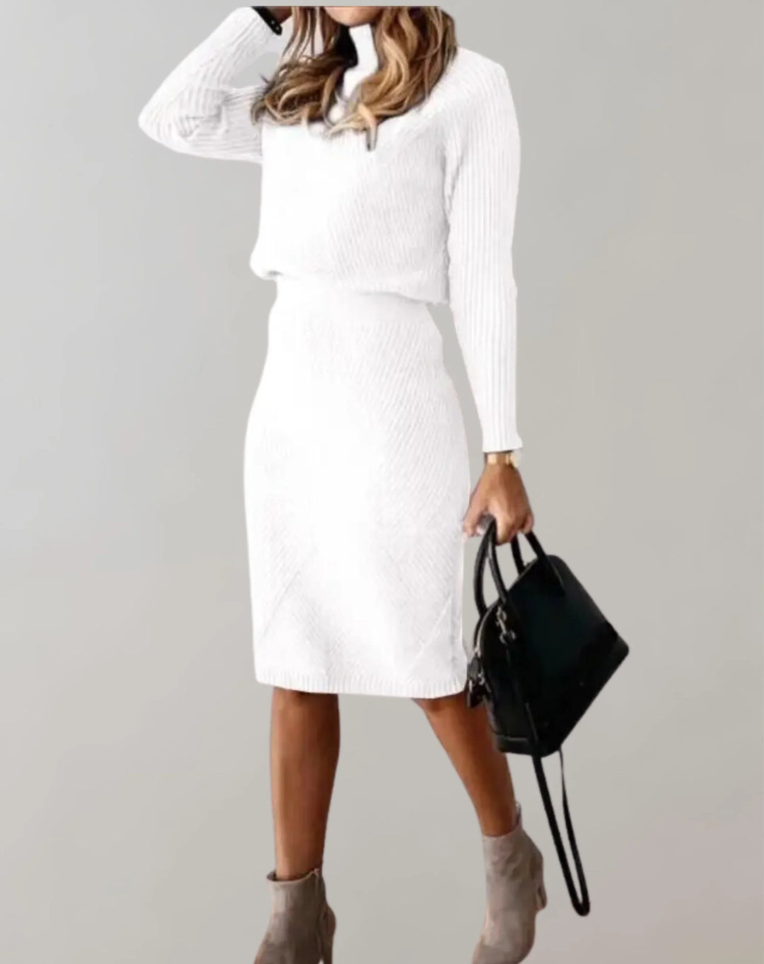 Women’s Two-Piece Set – Ribbed Knit – Slim Fit – Turtleneck Sweater & Midi Skirt