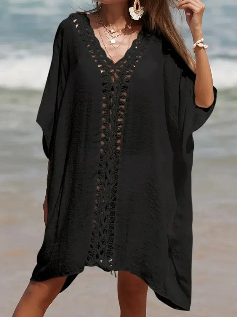 Women’s Kimono Cover-Up – Natural Fibers – Relaxed Fit – V-Neck – Lace Trim – Short Sleeve