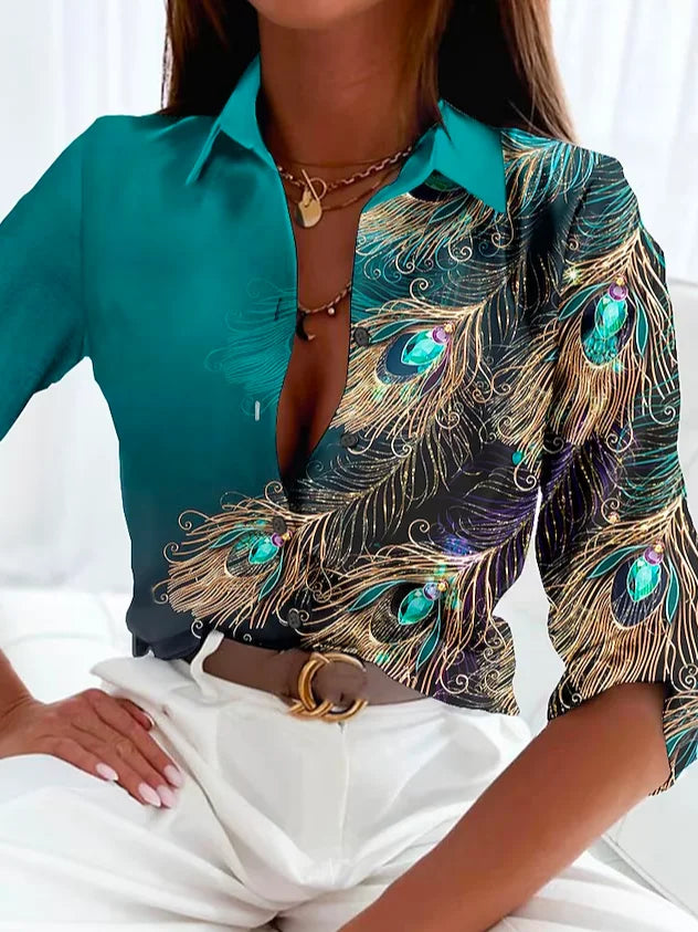 Women’s Blouse – Fitted Silhouette – Luxury Fabric – Feather Print – Button-Down Style