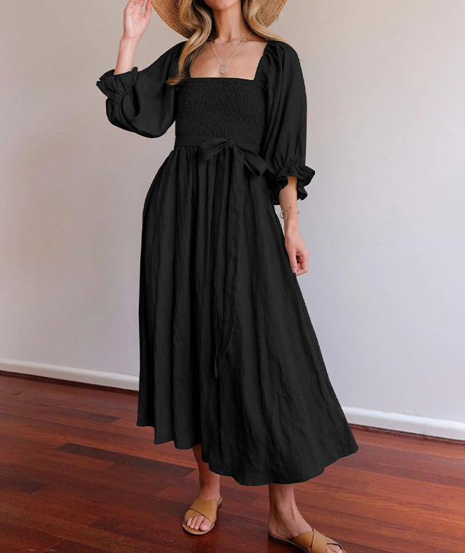 Women's Off-the-Shoulder Dress - Smocked Bodice - Puff Sleeves - Flowy Lightweight Fit