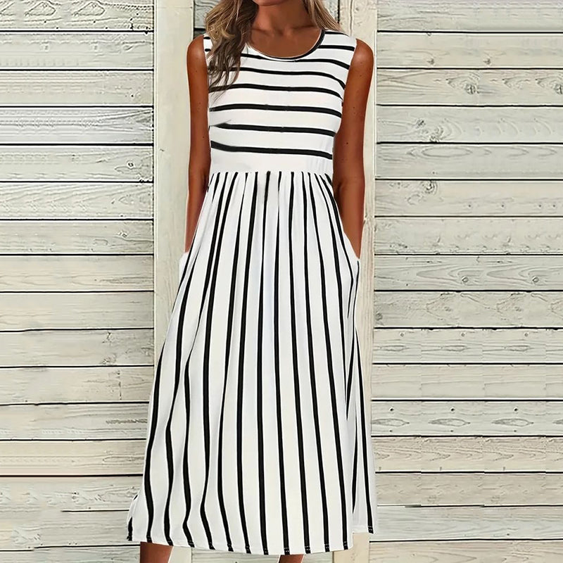 Women’s Tank Midi Dress – Relaxed Fit – Natural Fibers – Striped Pattern – Sleeveless
