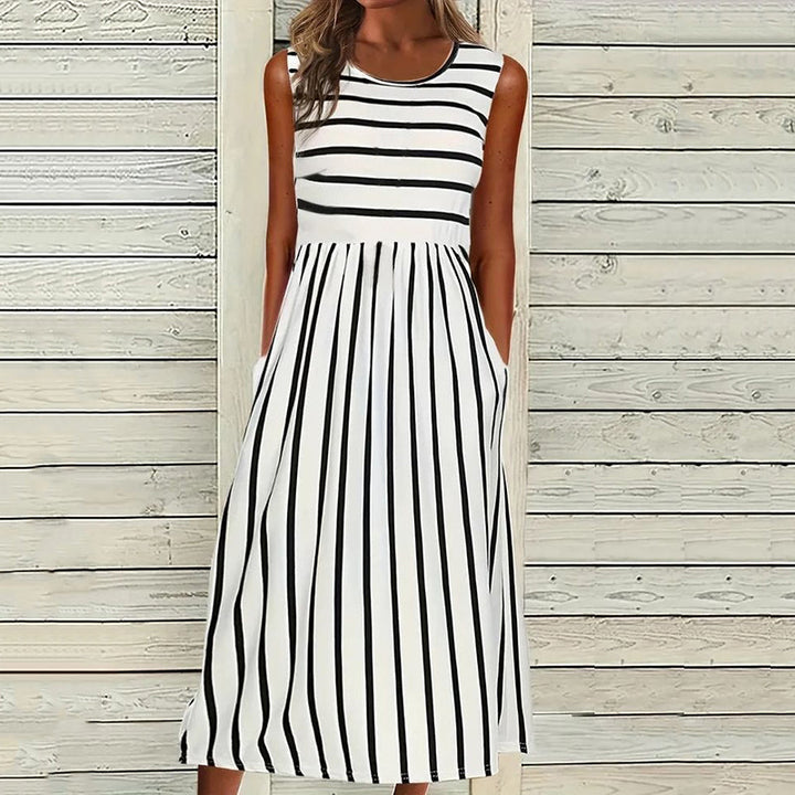 Women’s Tank Midi Dress – Relaxed Fit – Natural Fibers – Striped Pattern – Sleeveless