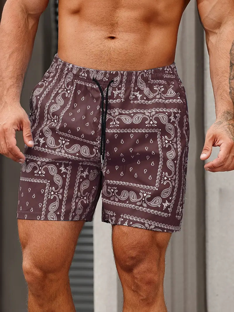 Men’s Swim Shorts - Mid-Thigh Length - Relaxed Fit - Bandana Print