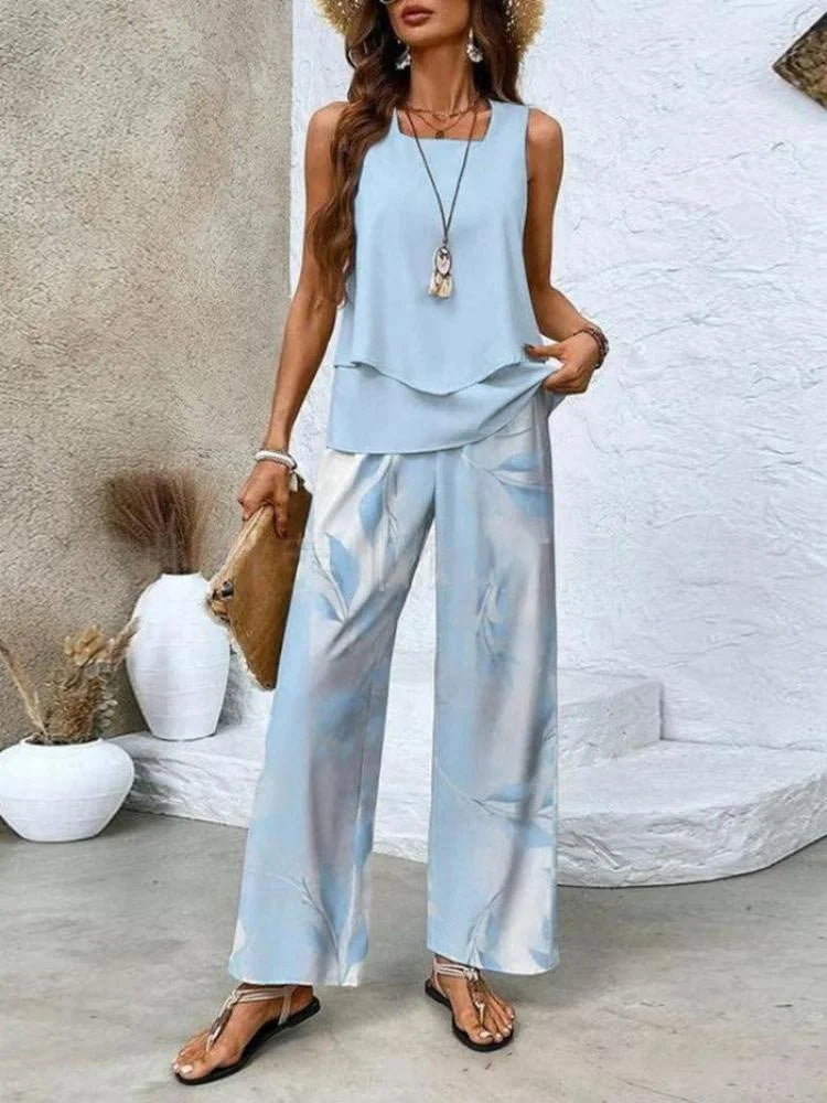 Women’s Two-Piece Set – Sleeveless Top – Wide-Leg Pants – Breathable Blend – Relaxed Fit