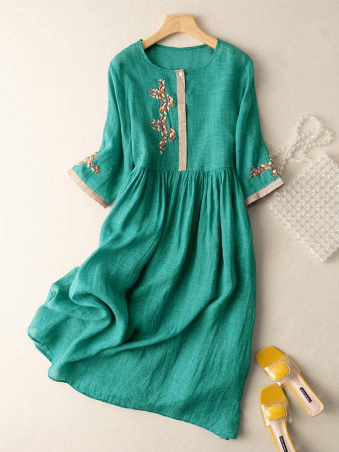Women’s Midi Dress – Embroidered Cotton Linen – A-Line Fit – 3/4 Sleeve – Button Neckline