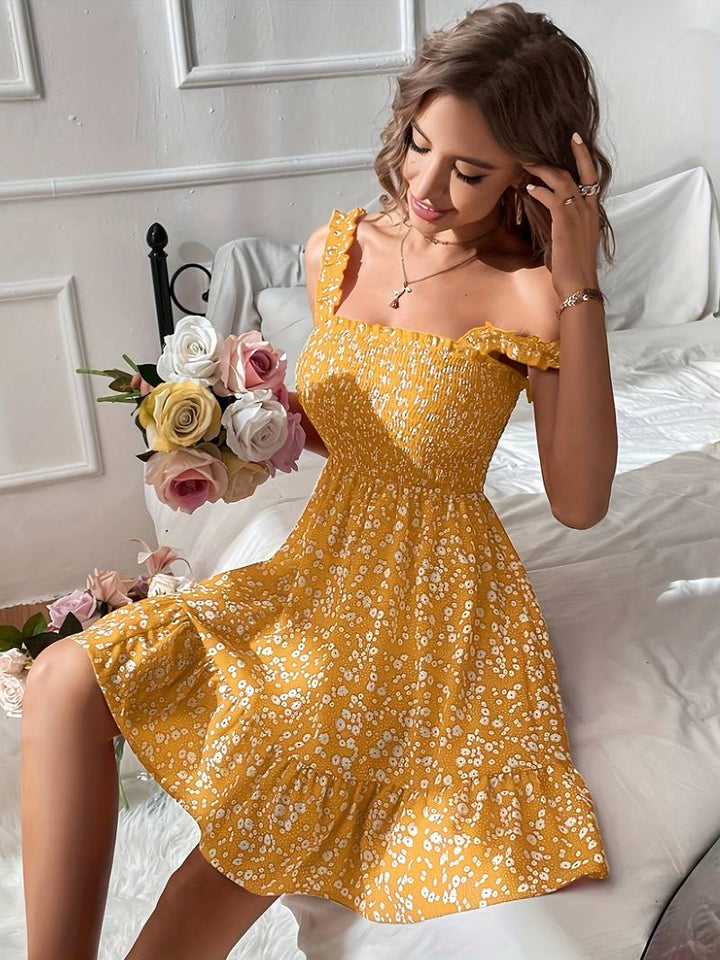 Women's Sundress - Smocked Bodice - A-Line Silhouette - Wide Straps - Floral Print