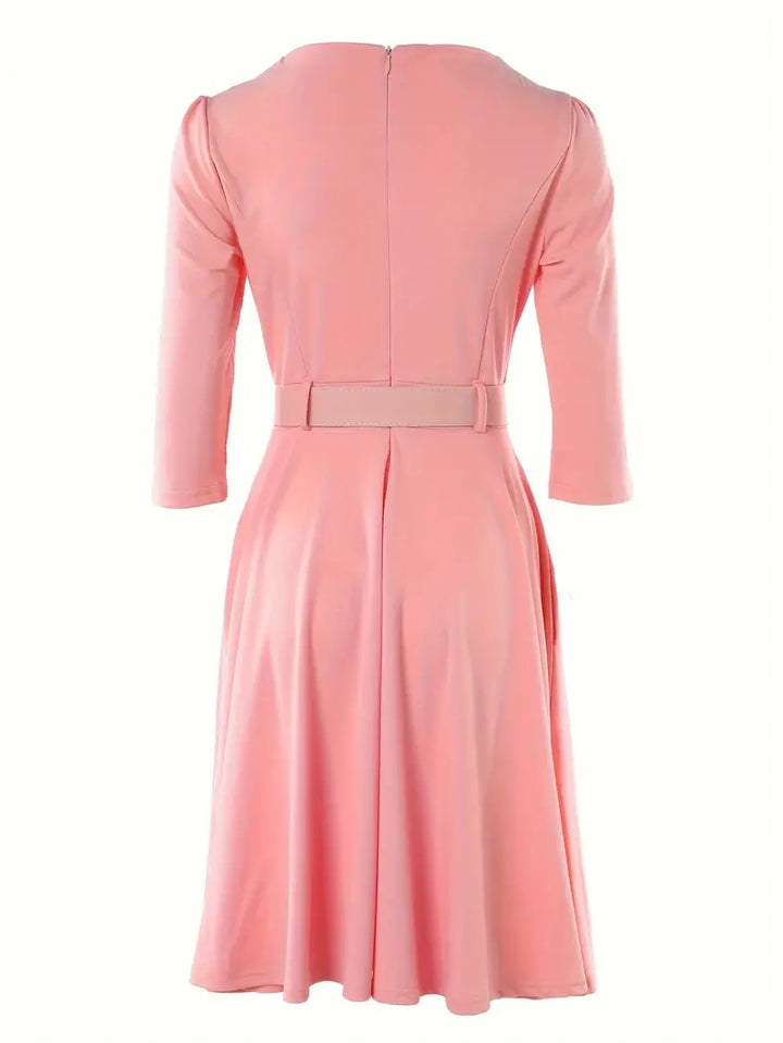 Women's Knee-Length Dress - Fit and Flare - 3/4 Sleeve - Zippered Neckline - Belted