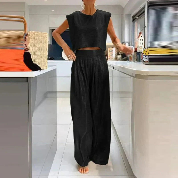 Women’s Two-Piece Set – Sleeveless Crop Top – Wide-Leg High-Waist Pants – Silk Look