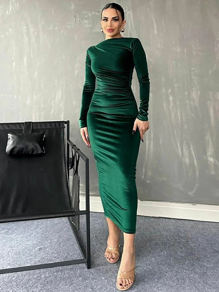 Women's Midi Dress - Fitted Bodycon - Long Sleeve High Neck - Ruched Waist Elegant Style